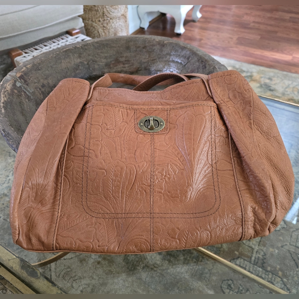 American Leather Co. Floral Embossed Brown Leather Shoulder Bag Magnet Snap